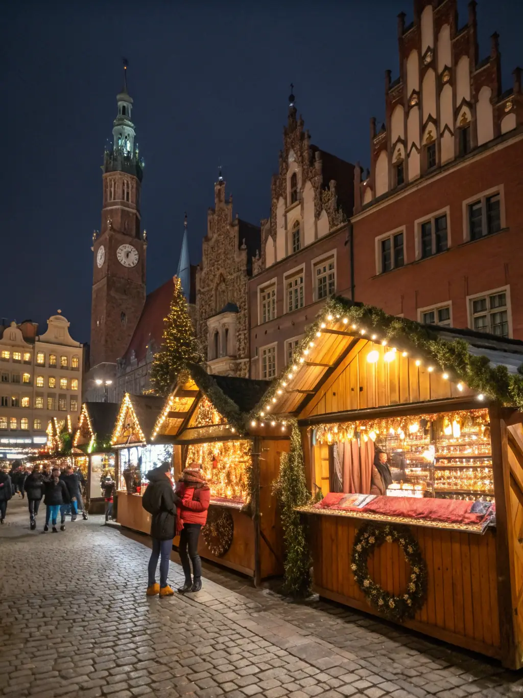A photograph of the 'Marché de Noël' in Brive, featuring festive stalls, twinkling lights, and shoppers enjoying holiday treats and crafts.