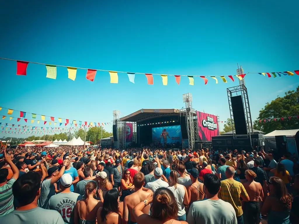 A lively outdoor festival scene with colorful decorations, performers, and engaged audiences enjoying music and dance, capturing the essence of a Cultural Festival organized by ASS BRIVE LA GAILLARDE EN FETE.