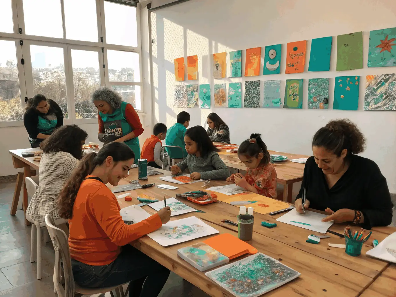 A group of participants engaged in a hands-on arts and crafts workshop, learning new skills and creating their own masterpieces under the guidance of a local artist, fostering creativity and community bonding.