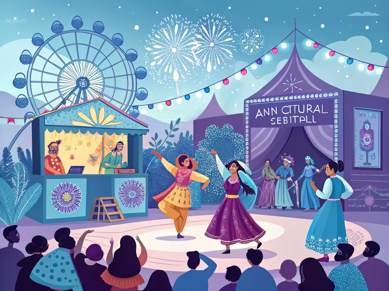 A vibrant scene from the annual cultural festival in Brive-la-Gaillarde, featuring traditional dancers in colorful costumes performing on a decorated stage, with a large crowd of diverse community members enjoying the spectacle.