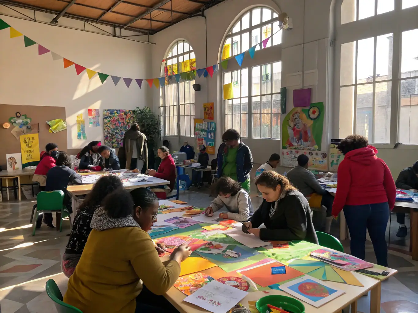A photograph of a community workshop in progress, showing participants of different ages engaged in a creative activity.
