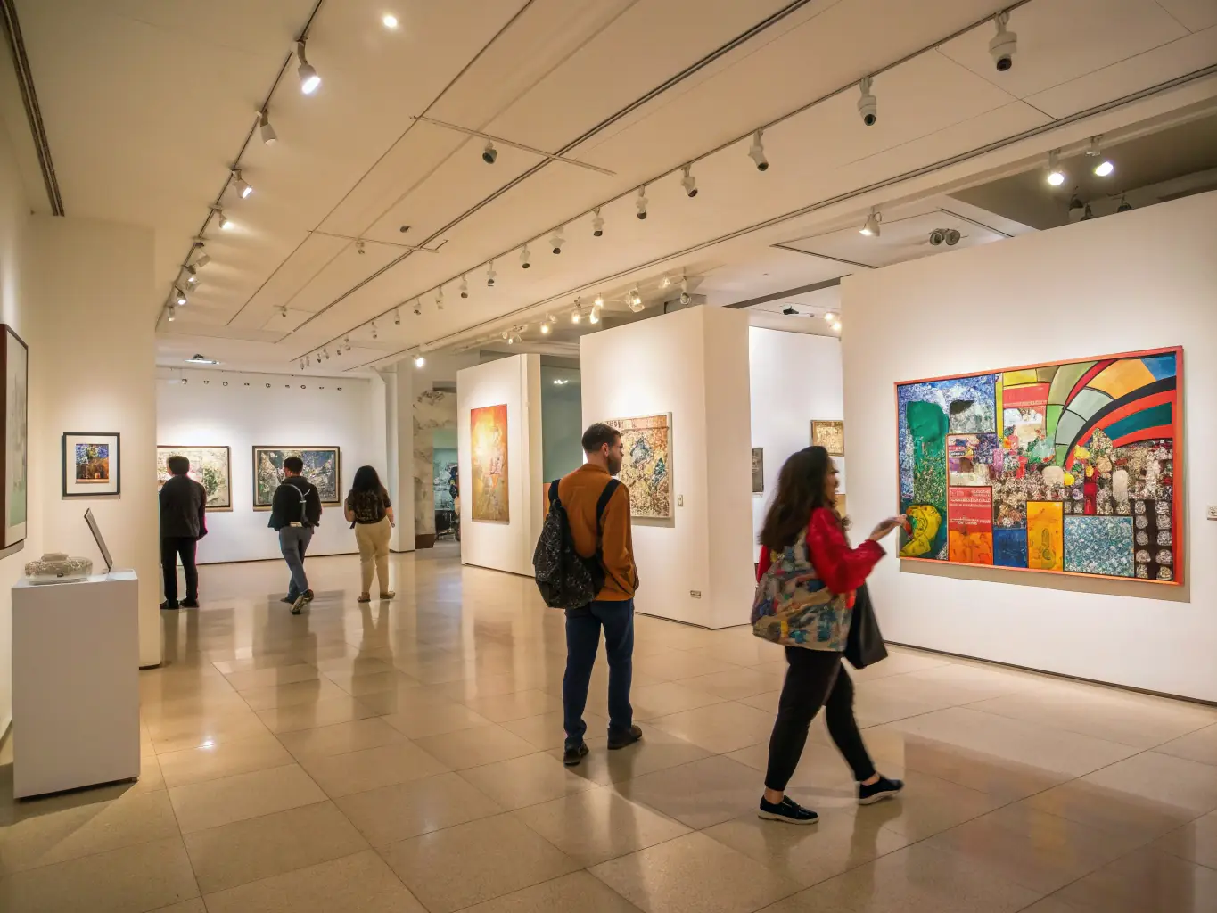 A brightly lit art exhibition featuring local artists' works displayed on white walls, with visitors of all ages admiring the paintings and sculptures, creating a lively and engaging atmosphere.