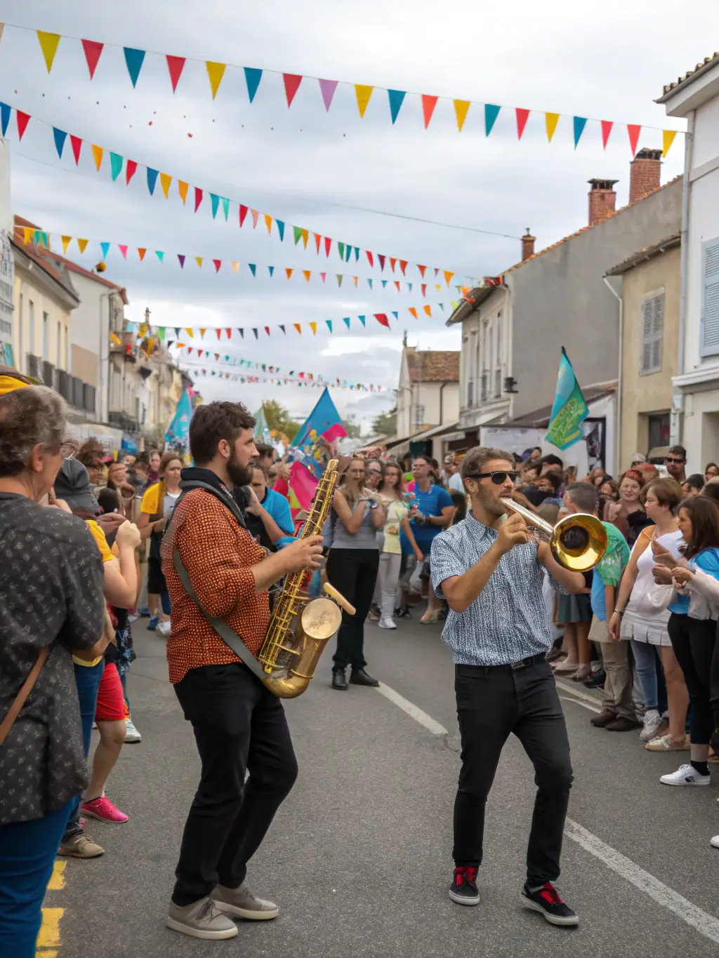A vibrant image of the 'Fête de la Musique' event in Brive-la-Gaillarde, featuring musicians performing outdoors and a diverse crowd enjoying the music.